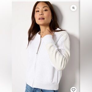 Evereve Harlow Open Stitch Bomber white front zip side pocket vegan leather